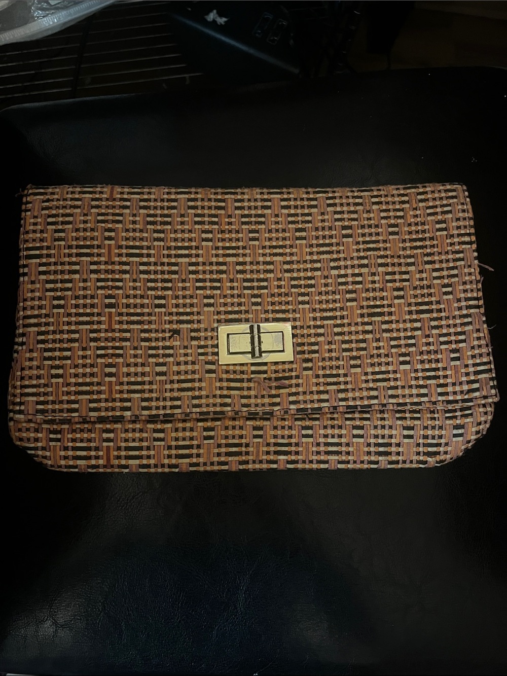 H&M Woven Straw Clutch in Brown and Tan with Gold Turn-Lock